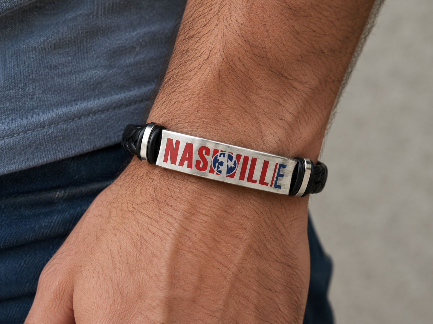 Men’s Black Leather Nashville Bracelet by N Harmony Jewelry, handmade jewelry detail photo 2