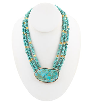 Refined Blue Turquoise Golden Statement Necklace detail view by Barse Jewelry