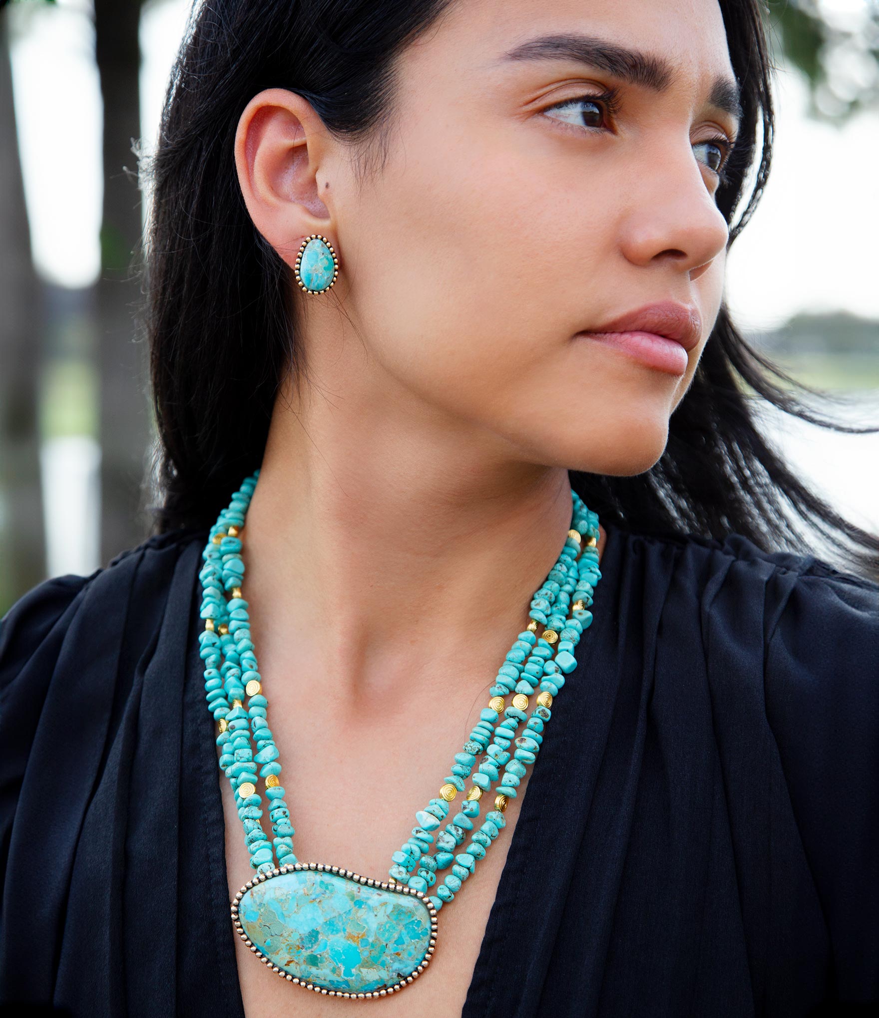Refined Blue Turquoise Golden Statement Necklace detail view by Barse Jewelry