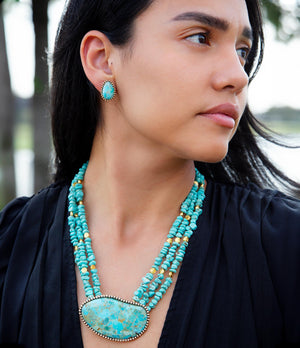 Refined Blue Turquoise Golden Statement Necklace detail view by Barse Jewelry