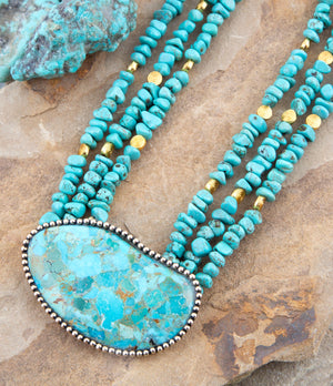 Refined Blue Turquoise Golden Statement Necklace detail view by Barse Jewelry