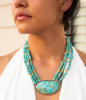 Refined Blue Turquoise Golden Statement Necklace detail view by Barse Jewelry