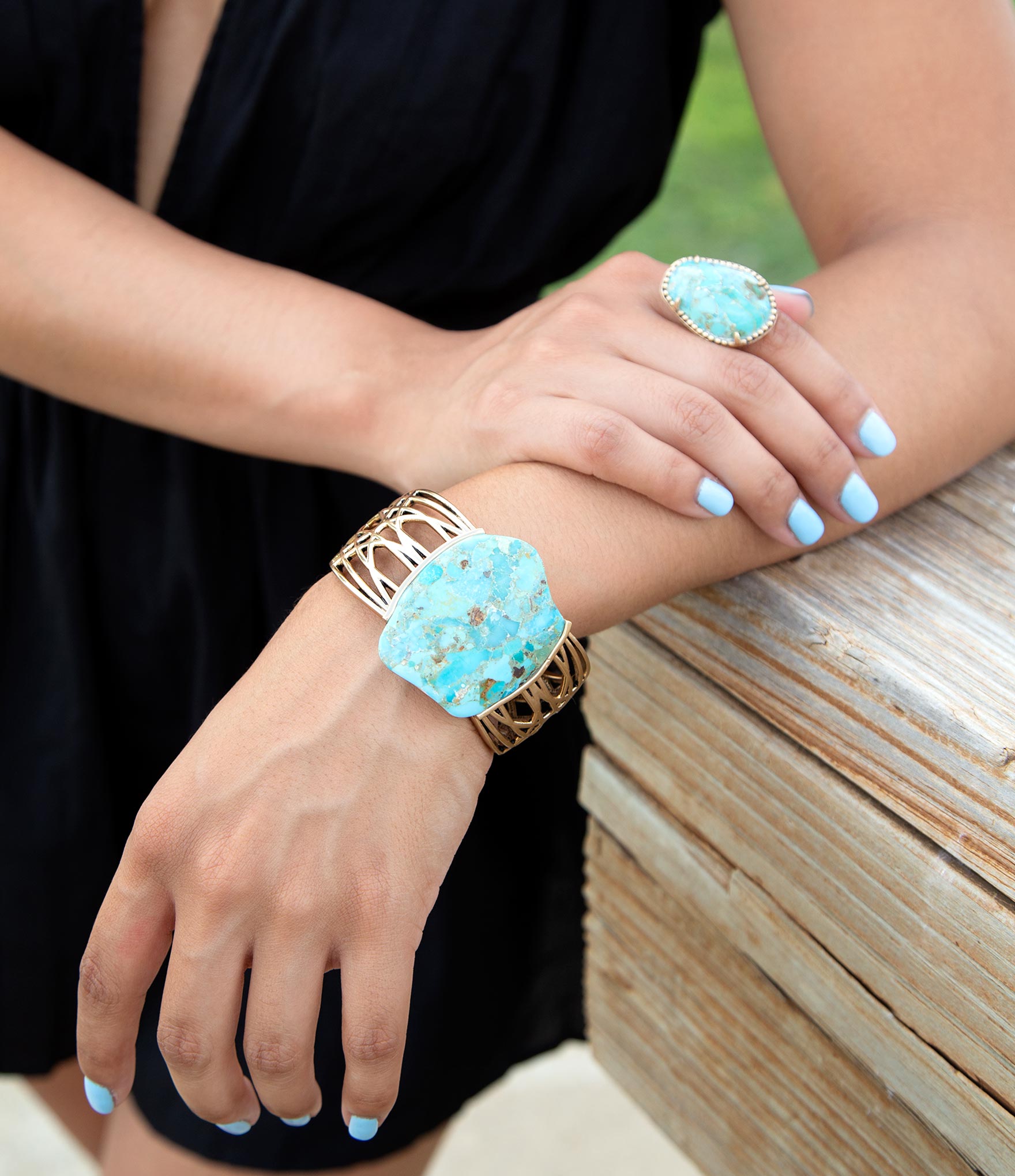 Refined Blue Turquoise Golden Statement Ring detail view by Barse Jewelry