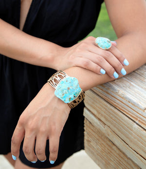 Refined Blue Turquoise Golden Statement Ring detail view by Barse Jewelry