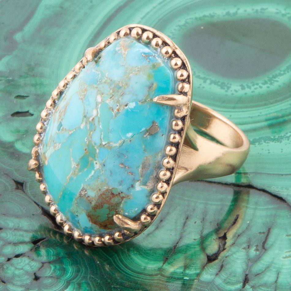 Refined Blue Turquoise Golden Statement Ring detail view by Barse Jewelry