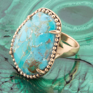 Refined Blue Turquoise Golden Statement Ring detail view by Barse Jewelry