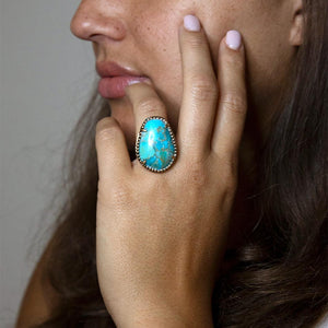 Refined Blue Turquoise Golden Statement Ring detail view by Barse Jewelry