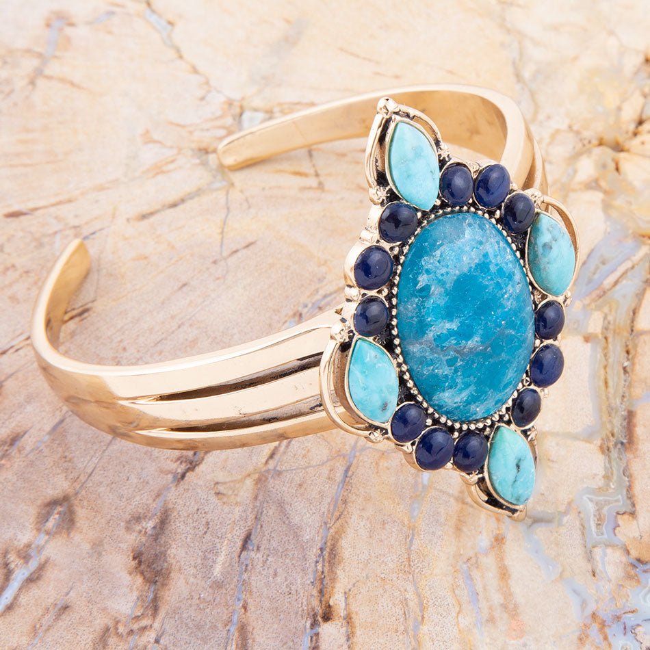 Regal Blue Apatite Mixed Stone Golden Cuff Bracelets detail view by Barse Jewelry
