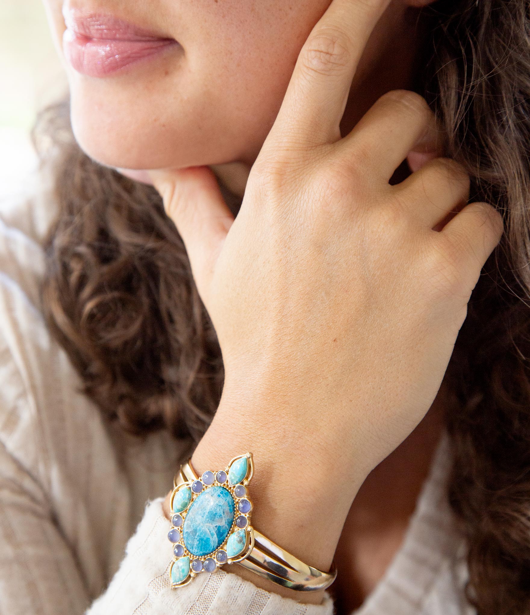 Regal Blue Apatite Mixed Stone Golden Cuff Bracelets detail view by Barse Jewelry