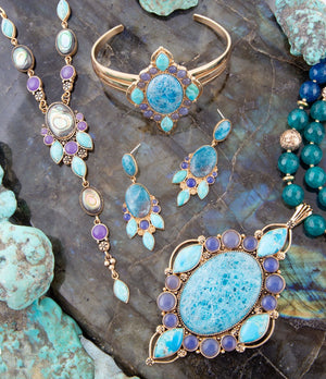 Regal Blue Apatite Mixed Stone Golden Cuff Bracelets detail view by Barse Jewelry
