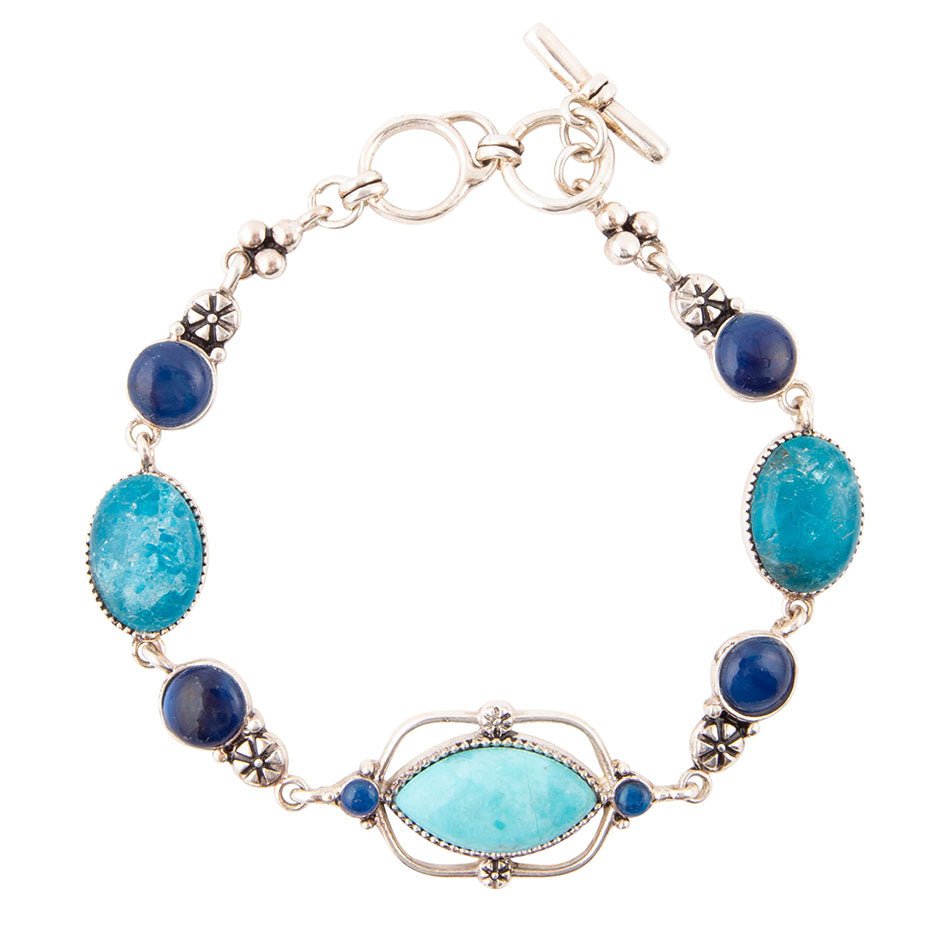 Regal Blue Turquoise and Apatite Sterling Silver Link Bracelet detail view by Barse Jewelry