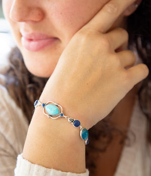 Regal Blue Turquoise and Apatite Sterling Silver Link Bracelet detail view by Barse Jewelry