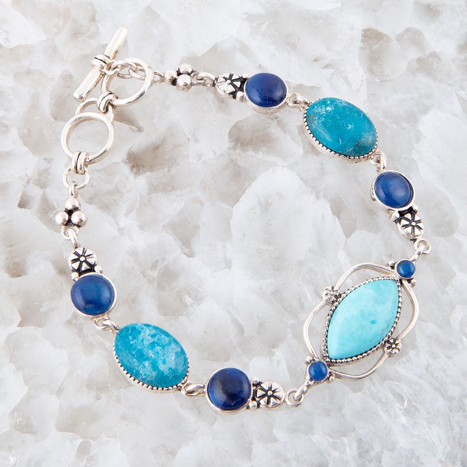Regal Blue Turquoise and Apatite Sterling Silver Link Bracelet detail view by Barse Jewelry
