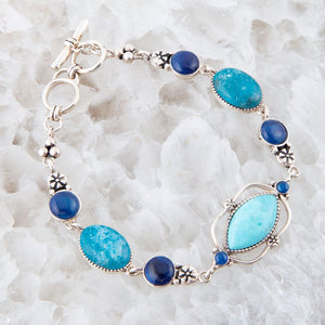 Regal Blue Turquoise and Apatite Sterling Silver Link Bracelet detail view by Barse Jewelry