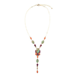 Regalia Blue Turquoise Purple and Orange Coral Golden Y Necklace detail view by Barse Jewelry