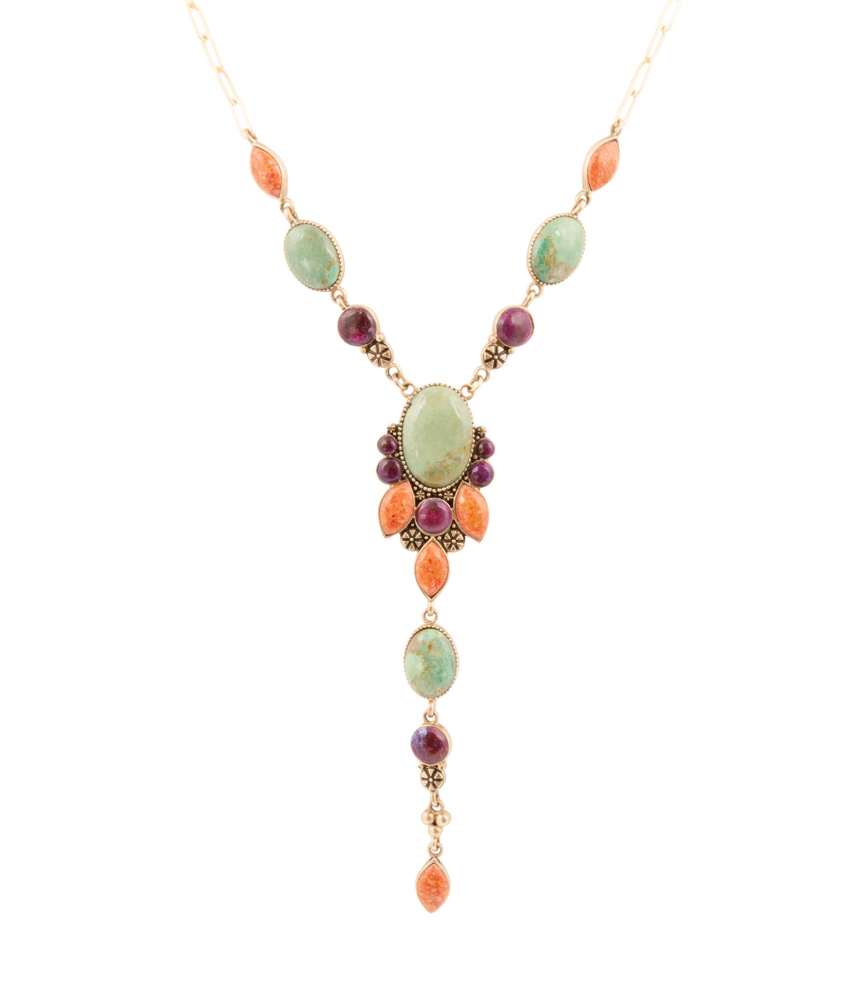 Regalia Blue Turquoise Purple and Orange Coral Golden Y Necklace by Barse Jewelry