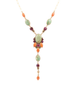 Regalia Blue Turquoise Purple and Orange Coral Golden Y Necklace by Barse Jewelry