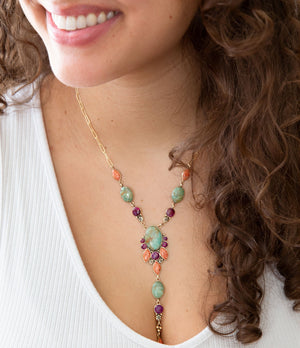 Regalia Blue Turquoise Purple and Orange Coral Golden Y Necklace detail view by Barse Jewelry