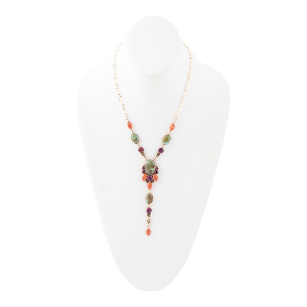 Regalia Blue Turquoise Purple and Orange Coral Golden Y Necklace detail view by Barse Jewelry