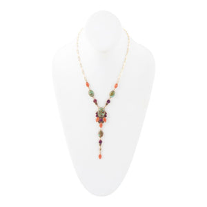 Regalia Blue Turquoise Purple and Orange Coral Golden Y Necklace detail view by Barse Jewelry