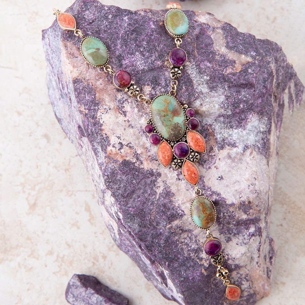 Regalia Blue Turquoise Purple and Orange Coral Golden Y Necklace detail view by Barse Jewelry