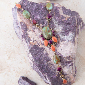 Regalia Blue Turquoise Purple and Orange Coral Golden Y Necklace detail view by Barse Jewelry