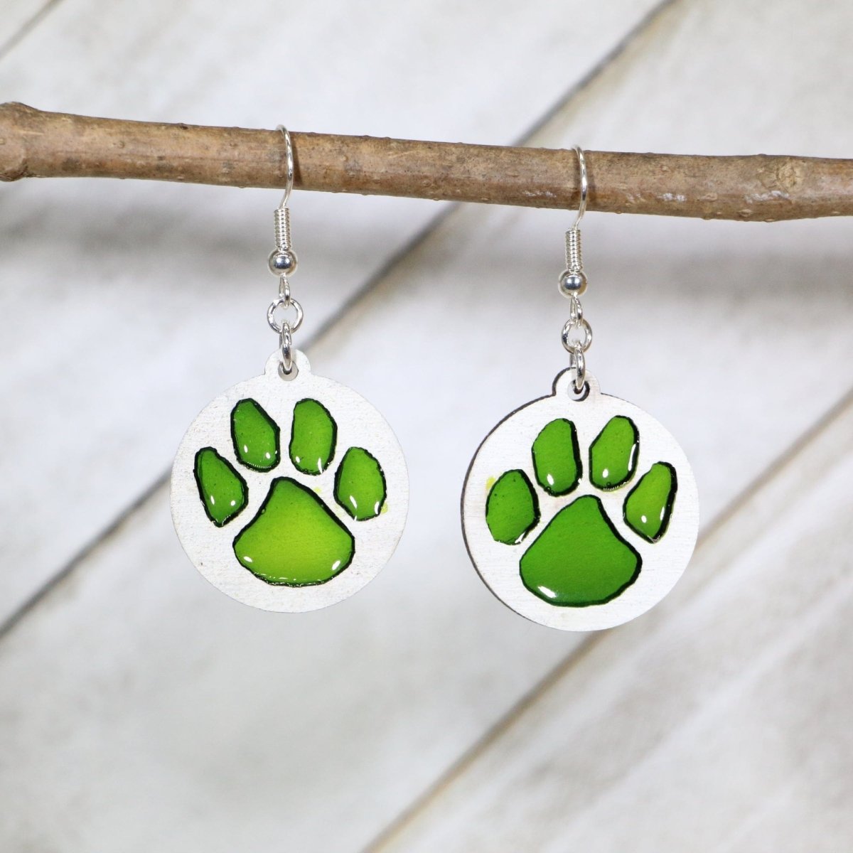 Paw Print Wood Resin Earrings | School Spirit Mascot Jewelry by Cate's Concepts, LLC, handmade jewelry main product photo
