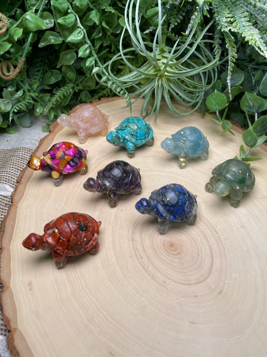 Resin Turtles with Crystal Chips detail view by Copper Ashes