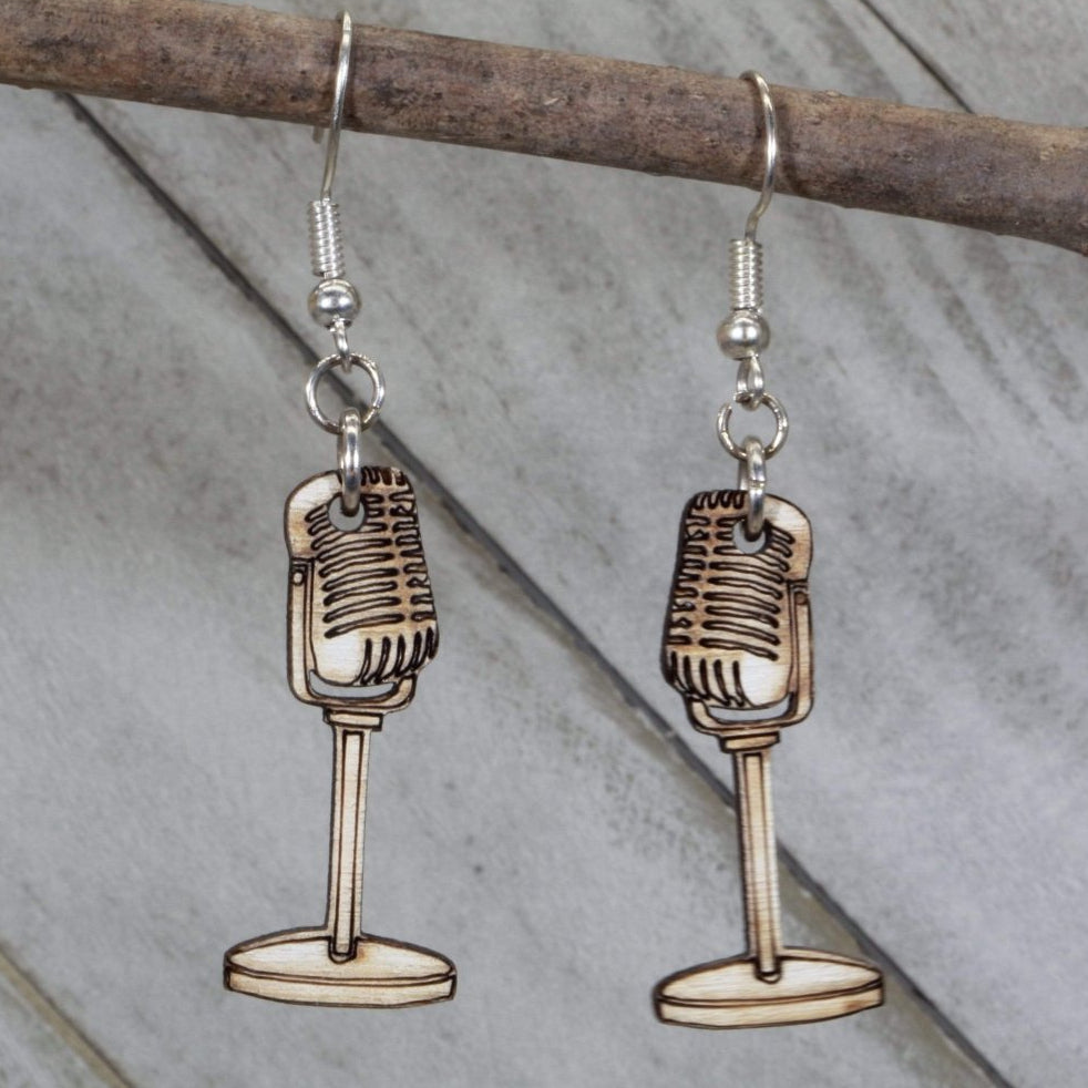 Retro Microphone Wooden Dangle Earrings | Music Jewelry detail view by Cate's Concepts, LLC