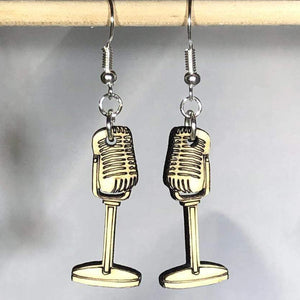 Retro Microphone Wooden Dangle Earrings | Music Jewelry detail view by Cate's Concepts, LLC