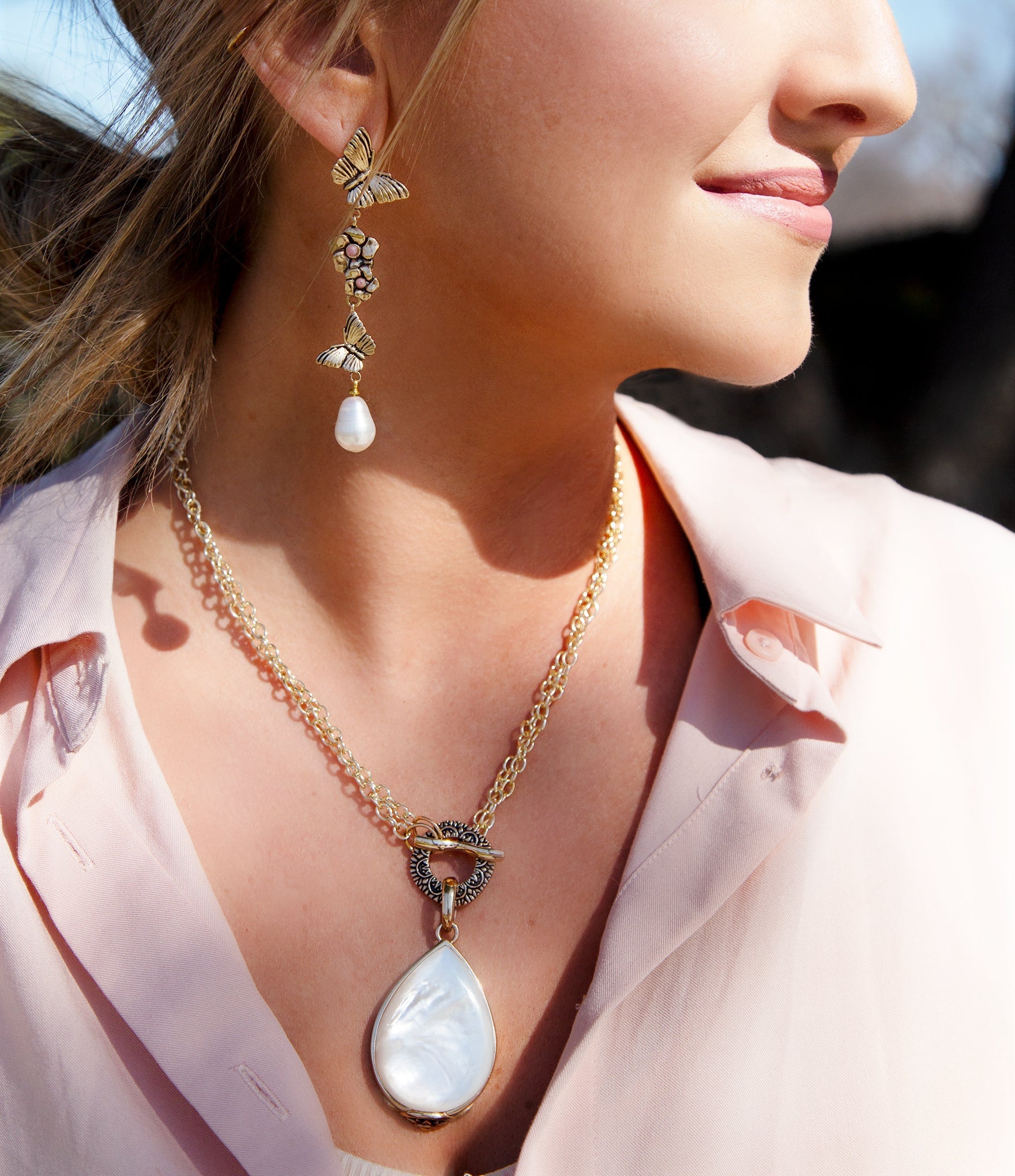 Rhodonite and White Pearl Golden Butterflies Post Drop Earrings detail view by Barse Jewelry