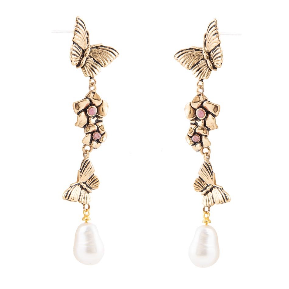 Rhodonite and White Pearl Golden Butterflies Post Drop Earrings detail view by Barse Jewelry