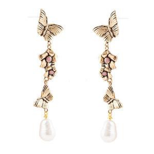 Rhodonite and White Pearl Golden Butterflies Post Drop Earrings detail view by Barse Jewelry