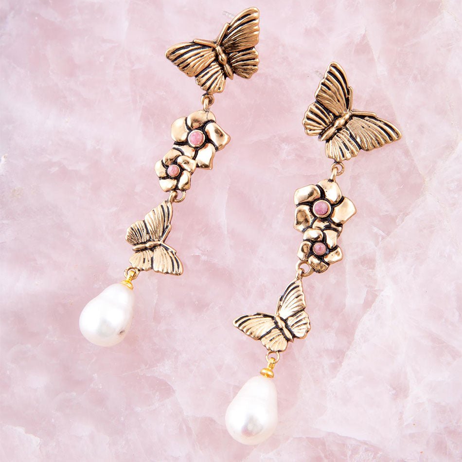 Rhodonite and White Pearl Golden Butterflies Post Drop Earrings detail view by Barse Jewelry