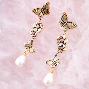 Rhodonite and White Pearl Golden Butterflies Post Drop Earrings detail view by Barse Jewelry