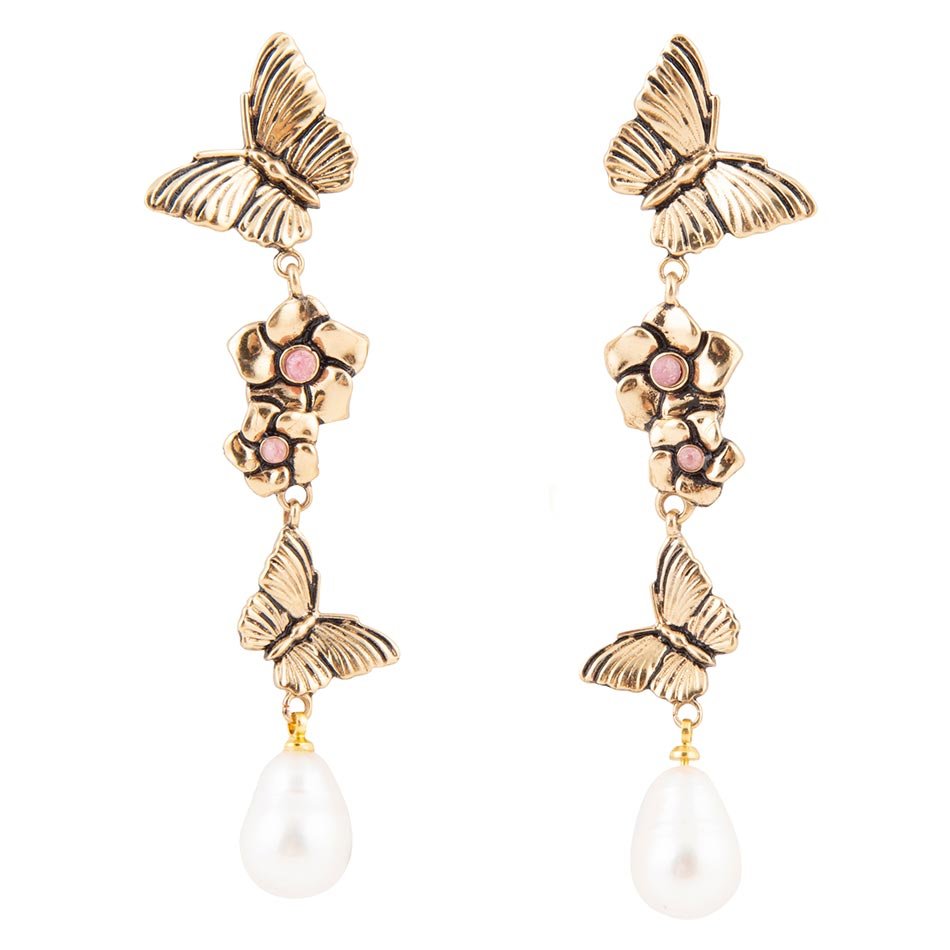 Rhodonite and White Pearl Golden Butterflies Post Drop Earrings by Barse Jewelry