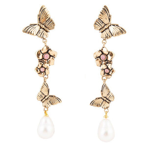 Rhodonite and White Pearl Golden Butterflies Post Drop Earrings by Barse Jewelry