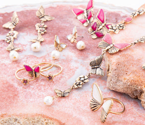 Rhodonite and White Pearl Golden Butterflies Post Drop Earrings detail view by Barse Jewelry
