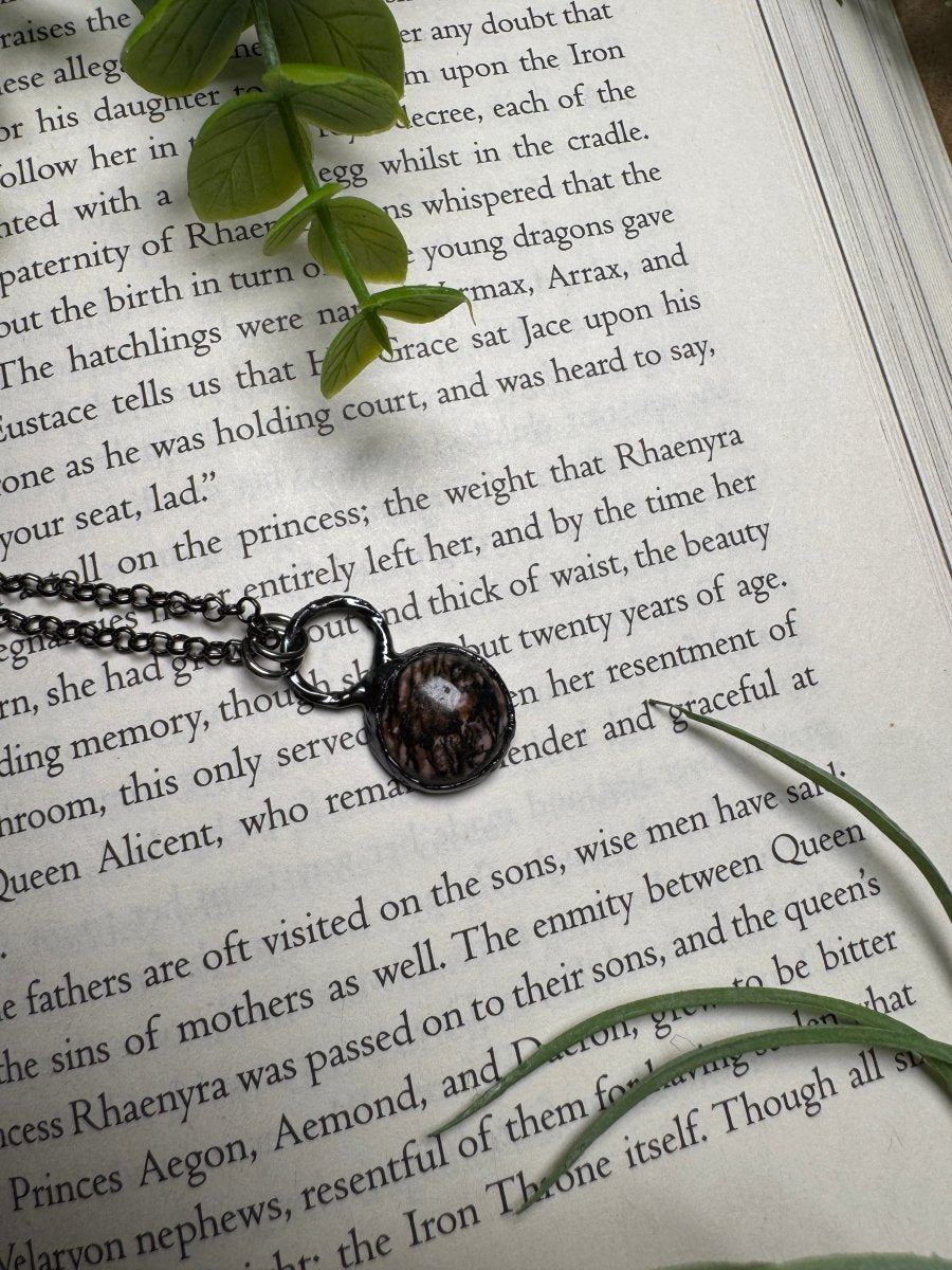 Rhodonite Necklace detail view by Copper Ashes