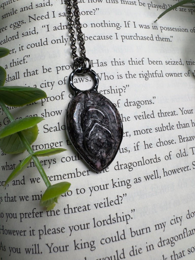 Rhodonite Yoni Necklace detail view by Copper Ashes