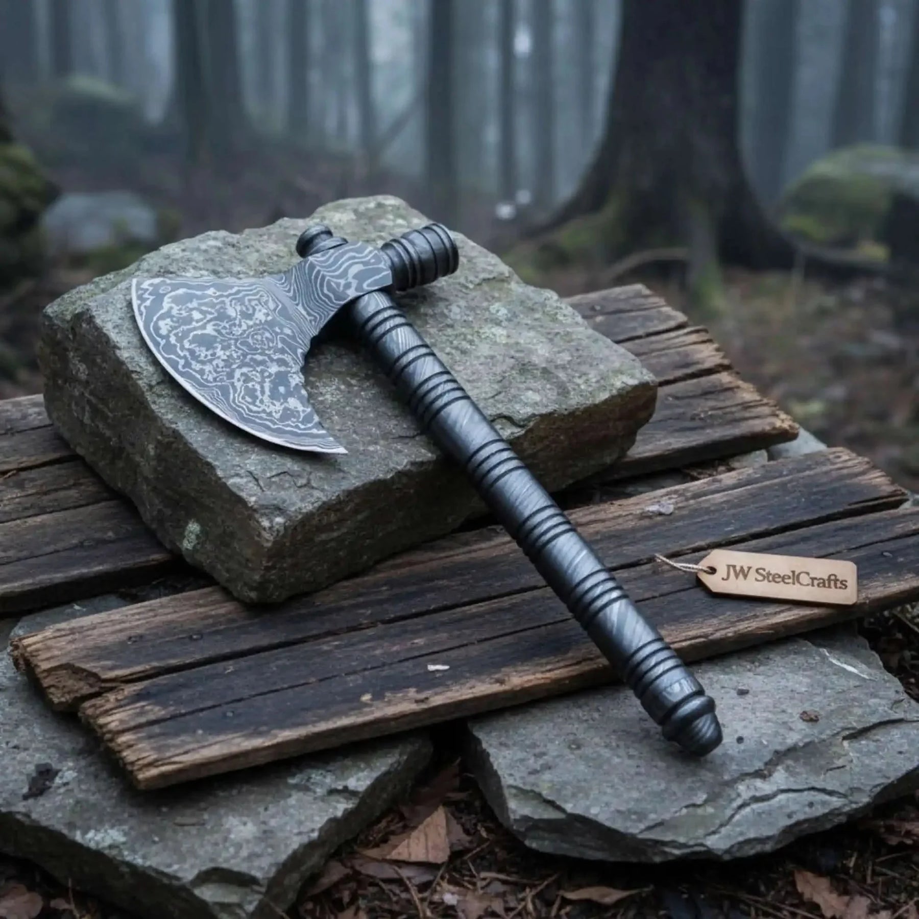 Artisan Damascus Smoking Axe – Functional Tobacco Pipe with Sculpted Hardwood Shaft by JW SteelCrafts, Southern handmade gift detail photo 3