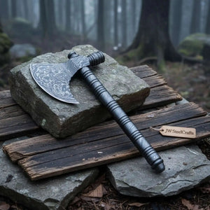 Artisan Damascus Smoking Axe – Functional Tobacco Pipe with Sculpted Hardwood Shaft by JW SteelCrafts, Southern handmade gift detail photo 3