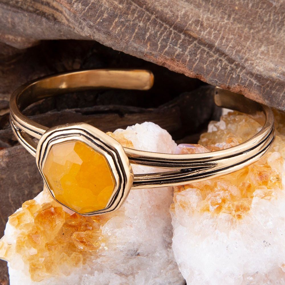 River Rocks Yellow Quartz and Golden Cuff Bracelet detail view by Barse Jewelry