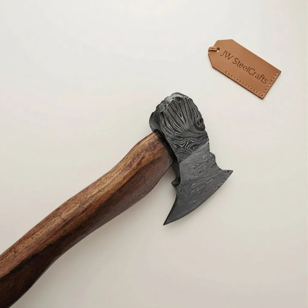 Handcrafted Damascus Utility Hatchet – Bearded Blade Style, Solid Wood Handle, Sheath Included by JW SteelCrafts, leather knife sheath detail photo 3
