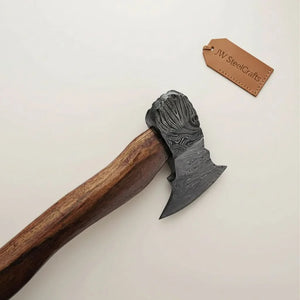 Handcrafted Damascus Utility Hatchet – Bearded Blade Style, Solid Wood Handle, Sheath Included by JW SteelCrafts, leather knife sheath detail photo 3