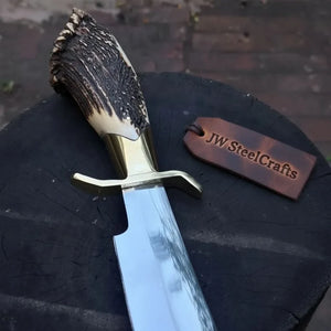 Handmade Carbon Steel Hunting Knife with Stag Horn Handle & Leather Sheath by JW SteelCrafts, leather knife sheath detail photo 3