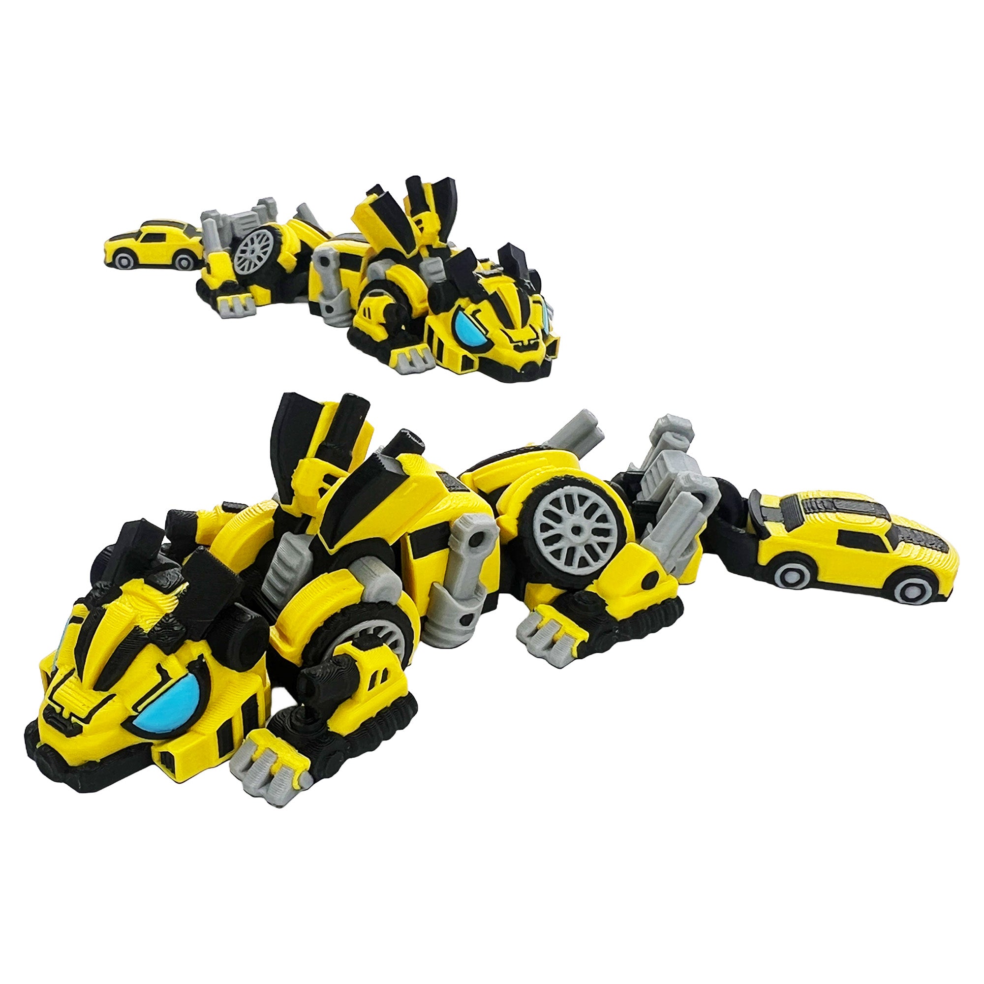 Robot Bee Dragon articulated 3D printed flexi dragon in yellow, black, gray, and blue