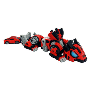 Red articulated robot dragon shown from the side with mechanical details and car-shaped tail