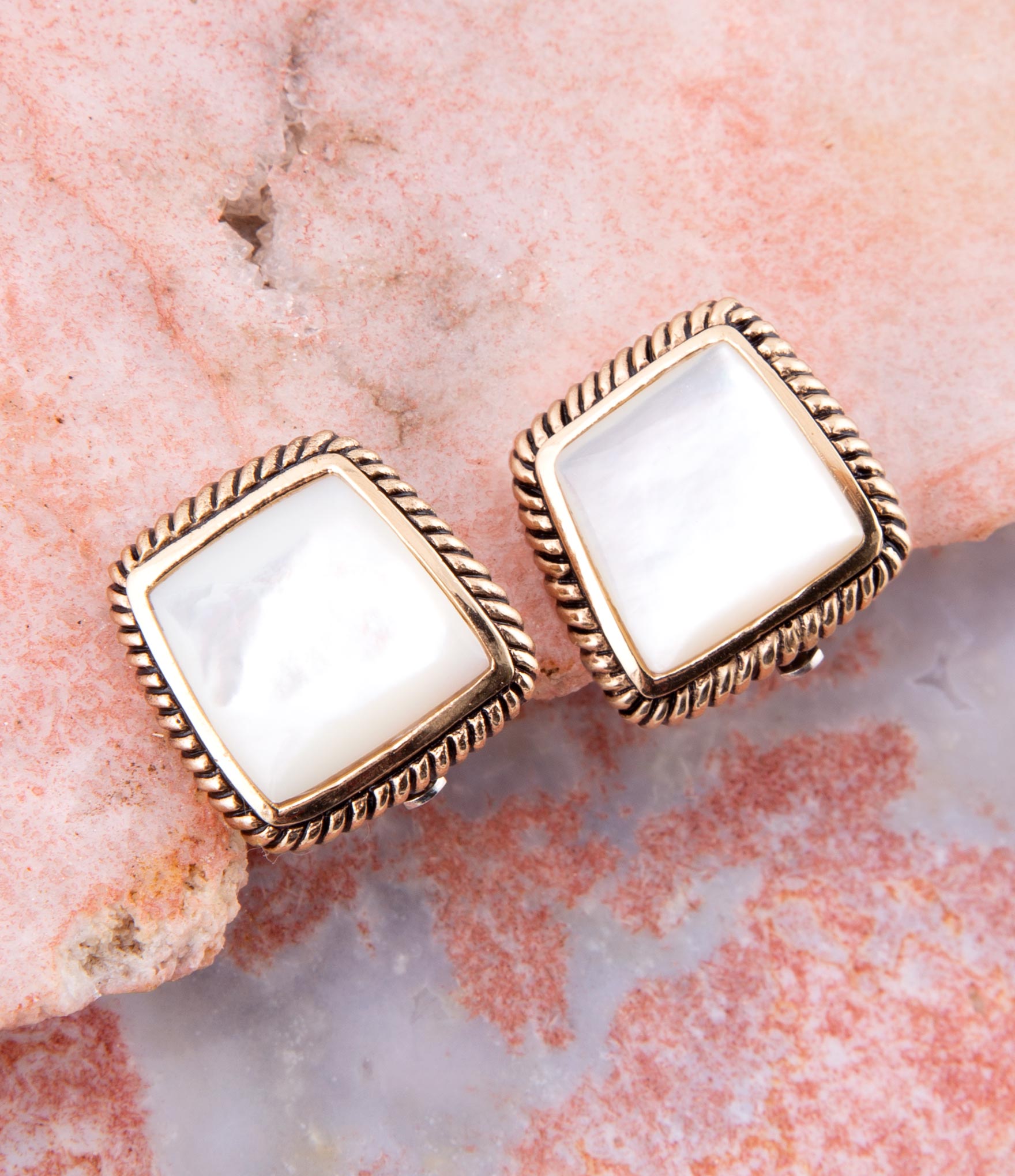 Roped Mother of Pearl Golden Clip Earrings detail view by Barse Jewelry