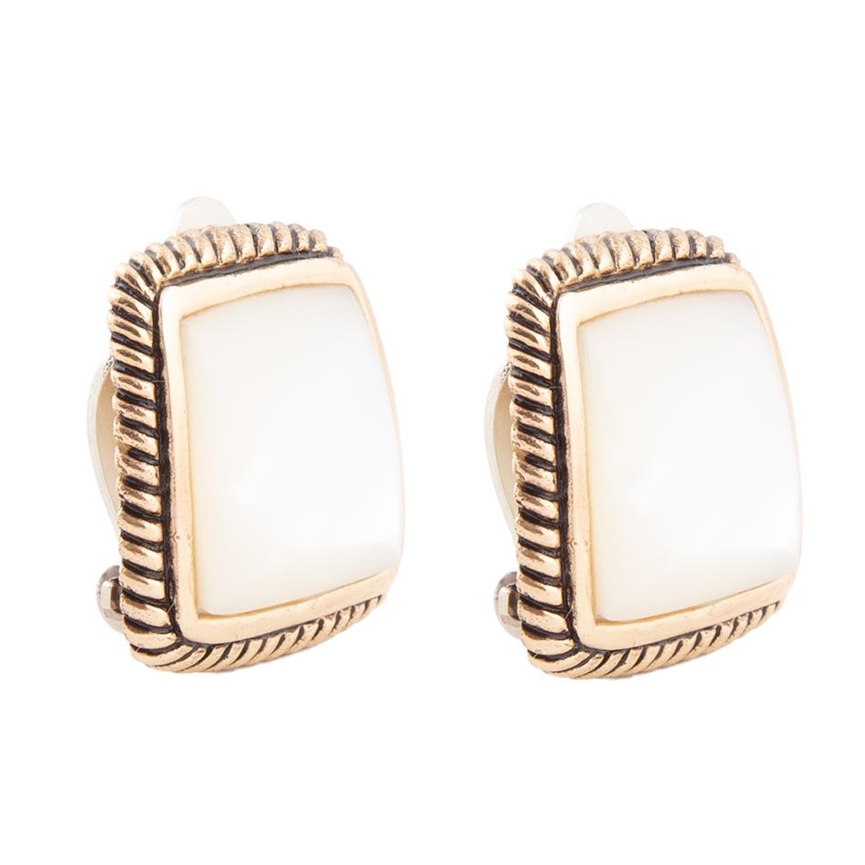 Roped Mother of Pearl Golden Clip Earrings detail view by Barse Jewelry